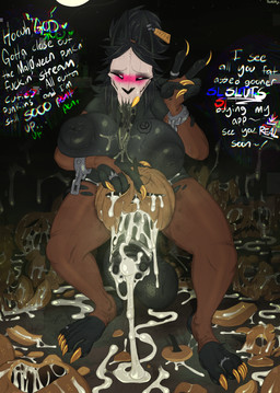 accessory after_sex anthro arm_warmers armwear balls big_balls big_breasts big_feet big_penis black_body black_fur black_hair blush bodily_fluids bone breasts clothing colored_nails cuff_(restraint) cum cum_everywhere cum_in_pumpkin digit_ring drooling ear_piercing ear_tag ejaculation excessive_cum excessive_genital_fluids feet food fruit fur genital_fluids genitals gesture gynomorph hair hair_accessory hair_tie hand_gesture handcuffs holidays improvised_sex_toy intersex jewelry messy metal_cuffs nails nipples penis piercing plant ponytail puffy_nipples pumpkin pumpkin_masturbation restraints ring saliva skull skull_head slightly_chubby smile smiling_at_viewer solo stirrup_legwear text thick_thighs toe_ring toes tongue tongue_out v_sign doomlard halloween scp_foundation mal0 scp-1471-a english_text hi_res