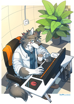 5_fingers anthro blue_clothing blue_eyes blue_shirt blue_topwear clothing coffee_cup computer container cup electronics fingers footwear fur grey_body grey_fur jacket male office plant shirt shoes solo topwear white_clothing white_jacket white_topwear kuulongarl canid canine canis mammal wolf