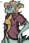 blue_eyes bottomless breasts brown_hair clothing corey_powell dragon ear_fins female green_skin hair hand_on_hip horn mcbain my_little_pony naturally_censored scalie shirt thighs yellow_belly yellow_scales
Rating: Safe
Score: 4
User: PineappleMan
Date: October 26, 2013