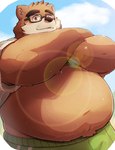 2024 anthro bear belly big_belly blush bottomwear brown_body brown_fur clothed clothing clothing_lift eyewear fur glasses hi_res kemono lifewonders male mammal metaporin overweight overweight_male pants shirt shirt_lift solo tokyo_afterschool_summoners topwear volos_(tas)