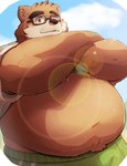 anthro belly big_belly blush bottomwear brown_body brown_fur clothed clothing clothing_lift eyewear fur glasses kemono male overweight overweight_male pants shirt shirt_lift solo topwear metaporin lifewonders tokyo_afterschool_summoners volos_(tas) bear mammal 2024 hi_res