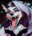 anthro bodily_fluids clothing collar crop_top female grey_hair hair mouth_shot open_mouth piercing saliva saliva_on_tongue shirt solo spiked_collar spikes tongue topwear hahazzar helluva_boss mythology loona_(helluva_boss) canid canid_demon canine canis demon hellhound mammal mythological_canine mythological_creature hi_res