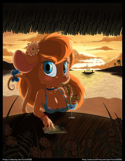 accessory anthro beach bendy_straw beverage blue_eyes blush boat bow_(feature) bow_accessory bow_ribbon bra breasts brown_hair cleavage clothed clothing cloud cocktail_garnish cocktail_umbrella detailed_background drinking drinking_straw female flower furgonomics furniture hair hut jewelry lace looking_at_viewer necklace outside plant ribbons seaside sky solo sunset table tail tail_accessory tail_bow tail_ribbon text underwear vehicle water watercraft furnut chip_'n_dale_rescue_rangers disney gadget_hackwrench mammal mouse murid murine rodent 2011 url