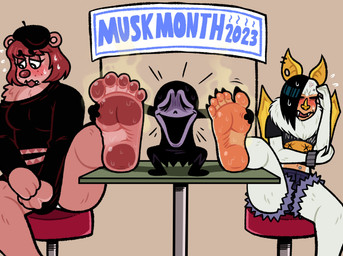 5_toes anthro black_hair blush bodily_fluids brown_body brown_fur brown_hair claws cross-popping_vein ear_piercing ear_ring embarrassed eyebrow_piercing facial_piercing feet feet_up female flesh_tunnel food foot_fetish foot_focus foot_on_table fur furniture gauged_ear group hair holding_food holding_object humanoid_feet male musk navel navel_piercing pawpads piercing plantigrade ring_piercing sign smelly smelly_feet soles stink_fumes sweat sweaty_feet table text toe_claws toes trio white_body white_fur blarf022 musk_month blarf_(blarf022) sherry_bear_(blarf022) vranda_von_bat_(blarf022) bat bear honduran_white_bat humanoid kinx_(blarf022) leaf-nosed_bat mammal microbat yangochiropteran 2023 absurd_res english_text hi_res