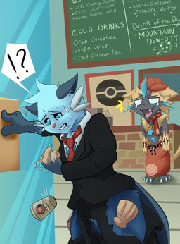 ambiguous_gender anthro apron biped black_body black_bottomwear black_clothing black_fur black_pants black_topwear blue_body blue_eyes blue_fur bodily_fluids bottomwear claws clothing door duo fangs fur glass_door hat headgear headwear human_to_anthro inside interrobang looking_at_another looking_at_self necktie open_mouth pants pokemorph red_apron red_clothing red_hat red_headwear red_necktie red_nose shirt species_transformation sweat tan_body tan_skin tears teeth text toe_claws tongue topwear torn_bottomwear torn_clothing torn_pants transformation white_claws white_clothing white_shirt white_topwear yellow_body yellow_fur toshabi nintendo pokemon pokemon_cafe_remix dewott felid feline generation_5_pokemon generation_7_pokemon human legendary_pokemon mammal pokemon_(species) zeraora english_text hi_res