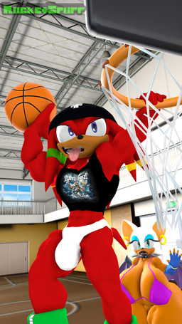 anthro armwear ball basketball_(ball) basketball_court basketball_hoop beanie big_breasts bikini bikini_top bottomless bottomless_female bracelet breasts bulge clothed clothing collar duo ear_piercing ear_ring elbow_gloves female fingerless_gloves genitals gloves gold_(metal) gold_bracelet gold_jewelry handwear hat headgear headwear huge_breasts jewelry lips male open_mouth piercing ring_piercing slam_dunk spiked_collar spikes surprised swimwear thick_lips thick_thighs tongue tongue_out two-piece_swimsuit vulva wide_eyed rocketspuff punisher sega sonic_the_hedgehog_(series) knuckles_the_echidna rouge_the_bat bat echidna mammal monotreme 3d_(artwork) 4k 9:16 absurd_res digital_media_(artwork) hi_res