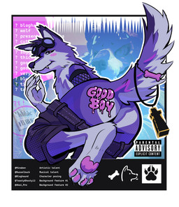 anthro armwear big_butt blush bottomwear bottomwear_down butt clothed clothing cross cross_necklace electronic_musical_instrument electronics eyewear fang_out fangs feet fishnet_armwear fishnet_clothing fluffy fluffy_tail foot_focus fur goggles heart_eyes heart_symbol jewelry justice male musical_instrument musician necklace pants pants_down partially_clothed pawpads paws presenting presenting_hindquarters presenting_pawpads purple_body purple_fur raised_tail solo synthesizer tail tail_decoration teeth text minabon ravepop_(russelbuck) bloghaund canid canine canis mammal wolf album_cover cover english_text hi_res
