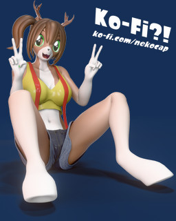 anthro breasts brown_hair cleavage clothed clothing female green_eyes hair plantigrade ponytail side_ponytail solo suspenders text cappyadams hasbro my_little_pony angie_(cappyadams) deer mammal 3d_(artwork) 4:5 absurd_res alpha_channel blender_(artwork) blender_cycles_(artwork) digital_media_(artwork) hi_res