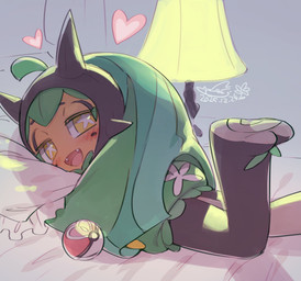 ambiguous_gender bed bedroom_eyes blush blush_lines fangs furniture half-closed_eyes heart_symbol looking_at_viewer love_ball lying narrowed_eyes on_bed on_front on_pillow open_mouth pillow pokeball seductive solo star_eyes teeth tongue yellow_eyes cotora nintendo pokemon generation_9_pokemon humanoid legendary_pokemon ogerpon pokemon_(species) 2025 dated hi_res signature