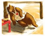 anthro brown_body brown_fur clothing eyes_closed fur shirt sitting solo topwear spazz_bear bear mammal 2018 5:4 hi_res