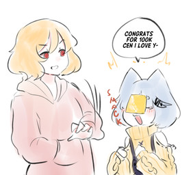 accessory bare_shoulders blonde_hair blue_hair blush cheese clothing dairy_products female food hair hair_accessory hoodie open_mouth red_eyes solo sweater throwing_cheese topwear yellow_clothing yellow_sweater yellow_topwear neneneqo cheese_slap centurii-chan animal_humanoid cat_humanoid felid felid_humanoid feline feline_humanoid human humanoid mammal mammal_humanoid absurd_res character_request hi_res meme