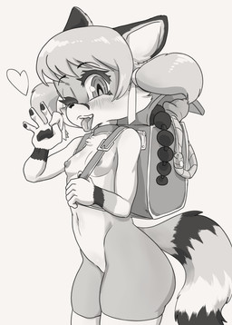 accessory anal_beads anthro backpack blush breasts clothing collar dildo eyelashes fellatio_gesture female fur genitals gesture hair hair_accessory hair_ribbon heart_symbol legwear looking_at_viewer navel nipples one_eye_closed open_mouth pigtails randoseru ribbons rope sex_toy small_breasts solo standing stockings suggestive suggestive_gesture thick_eyelashes tongue tongue_out vulva wink young young_anthro young_female daigaijin fulvia canid canine fox mammal absurd_res hi_res monochrome
