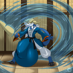 action_pose anthro balls belt big_balls big_bulge big_penis black_belt bulge digitigrade dojo genitals hair holding_melee_weapon holding_object holding_sword holding_weapon huge_balls huge_bulge huge_penis hyper hyper_balls hyper_bulge hyper_genitalia hyper_penis logo long_hair male martial_arts_uniform melee_weapon muscular muscular_anthro muscular_male penis pose red_eyes solo sportswear sword tail water weapon white_hair conditional_dnp suirano nintendo pokemon generation_5_pokemon pokemon_(species) samurott 1:1 2026 artist_logo digital_drawing_(artwork) digital_media_(artwork) hi_res