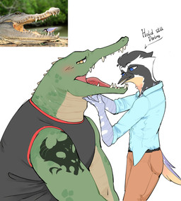 alternate_species ambiguous_gender anthro anthrofied beak blue_eyes blush bottomwear clothing collared_shirt dress_shirt duo feral furrification green_body green_scales inspection interspecies larger_male looking_aside male muscular muscular_male open_mouth pants personal_grooming photo_reference scales scuted_arms scutes sharp_teeth shirt size_difference smaller_ambiguous social_grooming tank_top teeth text topwear zerro_o avian bird crocodile crocodilian reptile scalie english_text hi_res reference_image