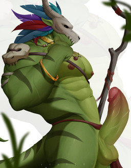 abs balls big_muscles big_pecs bone bone_mask bottomwear bottomwear_aside clothing clothing_aside erection genitals glans green_body humanoid_genitalia humanoid_penis loincloth loincloth_aside male mask muscular muscular_male navel nipples pecs penis simple_background skull skull_mask solo staff tail white_background yop5281 terraria witch_doctor_(terraria) lihzahrd lizard reptile scalie hi_res