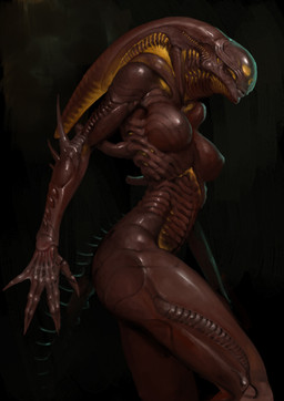 big_breasts bioluminescence black_background breasts brown_body claws exoskeleton female glistening glistening_body glowing glowing_eyes human_skull lips nipple_outline side_view simple_background solo spiked_tail spikes spikes_(anatomy) tail walking yellow_eyes oleg_bulakh alien_(franchise) alien alien_humanoid humanoid xenomorph 2025 digital_drawing_(artwork) digital_media_(artwork) hi_res paint_tool_sai_(artwork)
