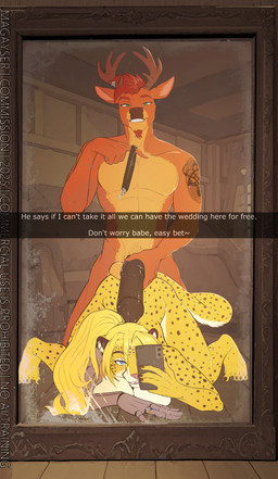 abs anthro antlers arm_tattoo ass_up balls beard betting big_breasts big_penis blonde_hair blue_eyes breast_rest breast_squish breasts brown_ears brown_penis brown_spots butt caption collar cybernetic_arm cybernetic_limb digit_ring duo facial_hair fangs female fur genitals green_eyes hair head_down head_down_ass_up holding_collar holding_object horn huge_penis hybrid_genitalia hybrid_penis imminent_sex infidelity interspecies jewelry long_hair looking_at_viewer male male/female markings mirror mirror_selfie muscular navel nude open_mouth open_smile orange_body orange_fur pecs penis penis_on_back pink_tongue predator/prey red_hair ring selfie smile spots spotted_body spotted_fur squish tan_body tan_fur tattoo teeth text thick_penis tongue wedding_ring white_body white_fur yellow_body yellow_fur magayser snapchat andrew_macgowan sydea cheetah deer felid feline mammal absurd_res english_text hi_res