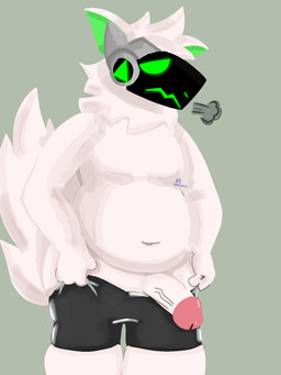 4_fingers anthro bottomwear circumcised clothed clothing fingers fluffy fluffy_tail fur genitals green_background hair machine male neck_tuft nude overweight overweight_anthro overweight_male pants penis protogen_visor screen screen_face simple_background slightly_chubby slightly_chubby_anthro slightly_chubby_male solo tail thick_thighs tuft white_body white_fur white_hair white_tail breakfast_3 tunrix_(lyncario) protogen 2023 3:4 digital_media_(artwork) hi_res portrait signature three-quarter_portrait