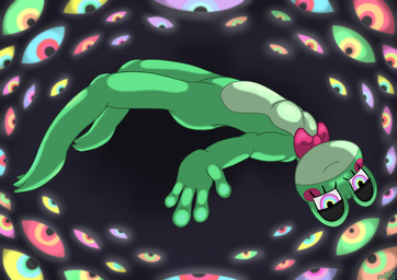 ambiguous_gender anthro bow_ribbon eyelashes featureless_chest featureless_crotch fullcolor glowing glowing_eyes green_body green_skin looking_at_viewer multicolored_eyes reaching_out simple_background solo darknetic glitch_productions the_amazing_digital_circus ribbit_(tadc) abstraction_(tadc) amphibian frog absurd_res digital_media_(artwork) hi_res shaded