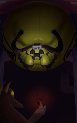 8_legs dark drone elemental_manipulation factory fire fire_manipulation glistening glistening_body green_horn green_sclera horn hose hose_inflation hyper_abdomen inflation looking_up_at_another low-angle_view reflection shadow worm's-eye_view areoants ix-37 kadyn_(finalcord) arachnid arthropod bovid caprine demon goat hybrid lagomorph leporid mammal rabbit spider 2021 5:8 hi_res shaded