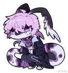 anthro clothing crouching feathered_ears female footwear hair jacket kemono pink_hair purple_eyes scarf shoes solo thin_calves thin_legs thin_thighs topwear zhang_gun xiaohen_(zhang_gun) reptile scalie snake full-length_portrait portrait