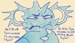 anthro asking asking_self blue_body claws dialogue humor male question questioning solo spikes spikes_(anatomy) text thinking thoughtful_expression yes-no_question grimart nintendo pokemon tini_(grimart) generation_1_pokemon nidoking pokemon_(species) shiny_pokemon 2022 english_text sketch