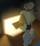 3d_background anthro appliance baking baking_tray bottomwear butt clothing cookie cooking curvy_figure female food fur kitchen_appliance oven pants rear_view shirt solo sweatpants tail tank_top text thick_thighs topwear white_body white_fur wide_hips yellow_body yellow_fur guak animal_crossing blender_cycles nintendo isabelle_(animal_crossing) canid canine mammal hi_res