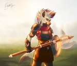 anthro armor buckler fantasy halberd male melee_weapon polearm solo sunset weapon brightphoenix vesperitilio hyena mammal