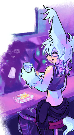 ambiguous_anthro ambiguous_gender animal_print anthro bar beverage big_ears bottomwear chain clothed clothed_ambiguous clothed_anthro clothing coontail_hair crop_top detailed_background duo ear_tuft eyelashes eyewear fangs food freckles fries fully_clothed fully_clothed_ambiguous fully_clothed_anthro fur gay_bar glasses hairless happy holding_beverage holding_food holding_object ketchup leopard_print midriff open_mouth open_smile oversized_bottomwear oversized_clothing oversized_pants pants partially_hairless pink_nose pink_tongue rear_view shirt silhouette smile solo solo_focus tail teeth tongue topwear tuft white_body white_fur white_tail chatoyancy jazz_(chatoyancy) canid canine canis chinese_crested_dog domestic_dog hairless_dog mammal mouse murid murine rodent toy_dog 2025 digital_drawing_(artwork) digital_media_(artwork) hi_res purple_theme nonbinary_(lore)