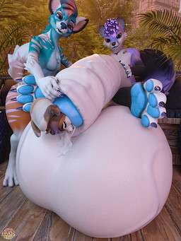 anthro balls big_balls big_penis blue_pawpads bodily_fluids claws cock_vore cum curled_tail fangs feet foot_on_balls foreskin genital_fluids genitals group hand_in_foreskin hand_on_penis huge_balls huge_penis hyper hyper_balls hyper_genitalia hyper_penis leaking_cum looking_down looking_worried male male/male markings multicolored_markings pawpads paws penile penis piercing rainbow_markings smile striped_body stripes tail teeth trio vein veiny_penis vore fluxcore alberarts_(modeler) blender_cycles canid canine fox hyena hyenid_(species) lagomorph leporid mammal rabbit 3:4 3d_(artwork) digital_media_(artwork) hi_res