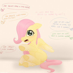 asking bent_legs blush bullying dialogue eyelashes feathered_wings feathering feathers female female_feral feral frown fur hooves insult light long_mane long_tail looking_at_viewer mane mane_over_eye offscreen_character open_frown open_mouth pink_mane pink_tongue quadruped question sad sitting solo sparkles sparkling_eyes speech_bubble tail text tongue unguligrade wall_(structure) white_wall wings yelling yellow_body yellow_fur yellow_hooves yellow_wings young young_female young_feral starburst_uwu friendship_is_magic hasbro my_little_pony mythology fluttershy_(mlp) equid equine mammal mythological_creature mythological_equine pegasus 1:1 2025 absurd_res colored digital_drawing_(artwork) digital_media_(artwork) english_description english_text hi_res lighting shaded