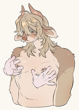 ambiguous_gender anthro blonde_hair blush blush_lines bodily_fluids brown_body brown_fur disembodied_hand duo fur green_eyes hair horn lactating male male/ambiguous male_lactation moob_grab moob_grope moob_play moob_squeeze moob_squish moobs nipple_fetish nipple_pinch nipple_play nipples nude_anthro nude_male pec_grab pec_squeeze pecs pinch simple_background sweat sweatdrop white_background kandoka austin_(catzino) bovid bovine cattle mammal hi_res
