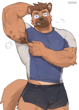 anthro armpit_fetish armpit_hair armpit_musk biceps black_nose blue_eyes bodily_fluids body_hair bottomwear clothed clothing eyewear glasses inner_ear_fluff looking_at_viewer male muscular muscular_anthro muscular_male musk one_eye_closed pecs presenting_armpit raised_arm rashguard shirt shorts simple_background smile solo sweat t-shirt tail teeth topwear triceps tuft white_background wink winking_at_viewer shugggie shuggie_the_hyena hyena mammal hi_res