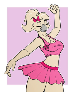 4_fingers anthro beak black_eyebrows border bottomwear bow_ribbon breasts cleavage clothed clothing dancing eyebrows female fingers grey_beak hair jewelry navel necklace pink_background shirt simple_background skirt solo tan_body tan_hair topwear white_border s7v8 avian bird