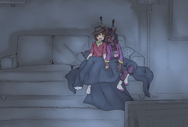 anthro clothing cowboy_hat duo female footwear furniture hair hand_holding hat headgear headwear human_on_anthro interspecies male male/female sleeping sleeping_together socks sofa sound_effects vowelless vowelless_sound_effect zzz signirsol undertale_yellow clover_(undertale_yellow) kanako_ketsukane canid canine fox human mammal