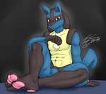 3_toes abs anthro arm_on_knee athletic athletic_anthro athletic_male black_body black_fur blank_expression blue_body blue_fur chest_spike feet fist fur hand_on_ground hand_spike looking_at_viewer male pawpads pecs pink_pawpads plantigrade pose red_eyes relaxing serratus simple_background sitting solo spikes spikes_(anatomy) tail tan_body tan_fur toes evil-sprite nintendo pokemon generation_4_pokemon lucario pokemon_(species) 2012 shaded signature soft_shading