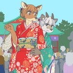 ambiguous_gender anthro clothed clothing duo_focus female group horizontal_pupils horn kemono nervous pupils ekaki510 bovid caprine deer japanese_serow mammal serow 1:1