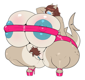 anthro areola big_breasts big_butt breasts butt clothing curvy_figure female footwear freckled_face freckled_hips freckles genitals hair hair_over_eyes high_heels huge_breasts hyper hyper_breasts nipples non-mammal_breasts plump_labia pubes shoes solo thick_thighs vulva dongitos platinum_fang aquatic fish shark hi_res