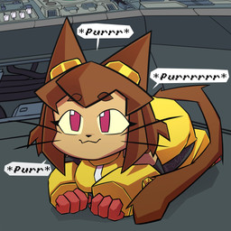 acting_like_a_cat anthro breasts brown_body brown_hair clothing eyebrows eyewear eyewear_on_head female goggles goggles_on_head hair loaf magenta_eyes purring solo whiskers yellow_sclera pinxsea gameoverse glitch_productions kit_bodega domestic_cat felid feline felis mammal 1:1 2026 hi_res