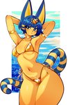 anthro armlet bikini blue_hair breasts choker clothing collarbone eyebrow_through_hair eyebrows eyelashes female glistening glistening_bikini glistening_clothing glistening_swimwear gold_(metal) gold_bikini gold_choker gold_jewelry gold_necklace hair hands_behind_head jewelry navel necklace side-tie_bikini small_breasts solo sparkles string_bikini swimwear thick_thighs translucent translucent_hair two-piece_swimsuit uraeus whiskers yellow_body fredek666 animal_crossing golden_week nintendo ankha_(animal_crossing) domestic_cat felid feline felis mammal absurd_res hi_res