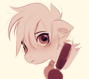 black_eyebrows blush disembodied_head electronics eyebrows eyelashes glistening glistening_eyes hair headphones light_body light_hair looking_at_viewer red_body red_eyes red_hair short_hair simple_background solo white_background imalou equid equine mammal 2021 character_request digital_drawing_(artwork) digital_media_(artwork) headshot_portrait hi_res light_theme monochrome portrait