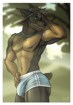 anthro areola armpit_hair athletic athletic_anthro athletic_male athletic_wear backwards_baseball_cap backwards_hat baseball_cap biceps biped black_claws black_nose blue_baseball_cap blue_bottomwear blue_clothing blue_collar blue_eyes blue_hat blue_headwear blue_shorts blurred_background body_hair border bottomwear brown_body brown_countershading brown_eyebrows brown_fur bubble_butt bulge butt claws clothed clothed_anthro clothed_male clothing collar countershade_arms countershade_face countershade_fur countershade_torso countershading detailed_bulge ear_piercing ear_stud eyebrows fangs finger_claws fingers fur genital_outline grey_areola grey_armpit_hair grey_body grey_fur grey_nipples gym_bottomwear gym_shorts hair hand_in_hair hand_on_head hand_on_hip hand_on_own_head hand_on_own_hip hat headgear headwear hotpants humanoid_hands inner_ear_fluff licking looking_at_viewer male male_anthro midriff multicolored_body multicolored_fur navel nipples penis_outline piercing pink_tongue pose pupils self_lick shadow short_tail shorts skimpy solo stripes tail tan_hair teeth thick_thighs tight_bottomwear tight_clothing tight_shorts tongue tongue_out topless topless_anthro topless_male touching_hair tuft two_tone_body two_tone_fur underwear whiskers white_border white_sclera vulprofox remi_(remidragon) canid canine canis dobermann domestic_dog mammal pinscher alternate_version_at_source digital_drawing_(artwork) digital_media_(artwork) english_description hi_res pinup portrait signature three-quarter_portrait