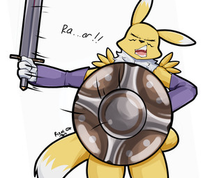 angry anthro female female_anthro fur melee_weapon pose screaming shield solo sword weapon yellow_body yellow_fur rizal_ok bandai_namco digimon skeleton_banging_shield canid digimon_(species) mammal renamon absurd_res colored digital_drawing_(artwork) digital_media_(artwork) hi_res meme