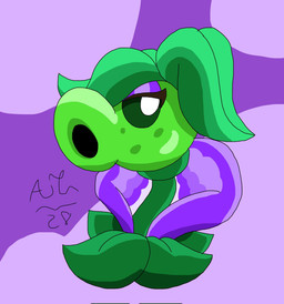 clothing eyelashes eyeshadow female green_body green_hair green_sclera hair leaf leaf_hair makeup not_furry plant plant_hair pseudo_hair purple_background purple_clothing purple_eyeshadow purple_topwear simple_background siphon_(anatomy) solo three-quarter_view topwear white_eyes jibanianguy electronic_arts plants_vs._zombies plants_vs._zombies_3 popcap_games echo_pea elemental_creature flora_fauna peashooter_(pvz) 2026 cel_shading colored digital_media_(artwork) hi_res shaded signature