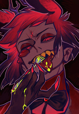 antlers black_background blood blood_in_mouth blood_on_fork blood_on_hand blood_on_tongue bodily_fluids bow_tie claws clothed clothing colored_blood cutlery eyebrows eyewear fork grin hair half-closed_eyes holding_fork holding_object horn kitchen_utensils looking_down male medium_hair monocle narrowed_eyes open_mouth outline pointy_ears prick_ears red_claws red_clothing red_eyes red_hair sharp_teeth simple_background smile solo suit teeth tongue tongue_out tools unusual_blood unusual_bodily_fluids x_marking yellow_blood batooo_j hazbin_hotel hellaverse alastor_(hazbin_hotel) animal_humanoid deer deer_humanoid demon demon_humanoid humanoid mammal mammal_humanoid absurd_res hi_res