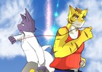 anthro blue_eyes clothing cloud countershading duo eyebrows fur light male pink_nose purple_body purple_fur red_clothing red_shirt red_tank_top red_topwear shirt sky sun sunlight tank_top topwear white_clothing white_shirt white_topwear yellow_body yellow_eyes yellow_fur paomer morenatsu shin_(morenatsu) torahiko_(morenatsu) domestic_cat felid feline felis mammal pantherine tiger 2016