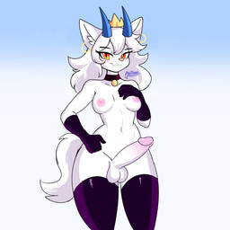 anthro balls breasts clothing collar crown ear_piercing ear_ring fluffy fluffy_tail fur genitals glans gloves gynomorph hair handwear headgear horn intersex legwear nipples orange_eyes penis piercing ring_piercing solo tail thigh_highs white_body white_fur white_hair white_tail aritsuni neva_(aritsuni) canid canine fox mammal 1:1 absurd_res hi_res