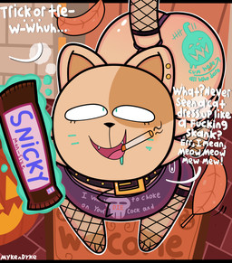 all_fours big_butt body_writing butt candy chocolate chocolate_bar cigarette clothing collar dessert ear_piercing exclamation_point female feral fishnet_clothing fishnet_legwear food green_eyes leaf leg_markings legwear markings open_mouth piercing profanity question_mark shirt socks_(marking) solo tan_body tattoo telekinesis text text_on_clothing text_on_shirt text_on_topwear topwear conditional_dnp mykendyke cheesepuff_(mykendyke) tammy_(mykendyke) domestic_cat felid feline felis mammal absurd_res english_text hi_res