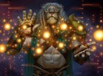 abs abstract_background anthro armor belt blue_eyes braided_mane eye_scar facial_scar looking_at_viewer male muscular muscular_anthro muscular_male navel one_eye_obstructed pauldron purple_background raised_hand scar simple_background solo eric_deschamps hasbro magic:_the_gathering wizards_of_the_coast ajani_goldmane felid leonin lion mammal pantherine 2018 official_art