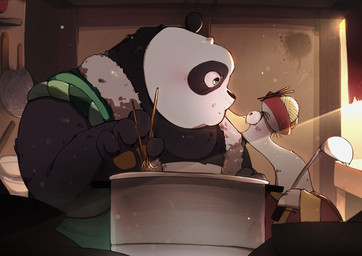 anthro black_body black_fur chopsticks clothed clothing cooking cookware duo feathers food frying_pan fur green_clothing green_eyes green_topwear green_vest hat headgear headwear kiss_on_lips kissing kitchen kitchen_utensils ladle male male/male multicolored_body multicolored_clothing multicolored_fur multicolored_robe noodles overweight overweight_anthro overweight_male red_clothing red_robe robe size_difference tools topwear two_tone_body two_tone_fur two_tone_robe vest white_body white_feathers white_fur yellow_clothing yellow_robe compaculaaa dreamworks kung_fu_panda li_shan_(kung_fu_panda) mr._ping anatid anseriform anserine avian bear bird giant_panda goose mammal 2024 digital_media_(artwork) hi_res